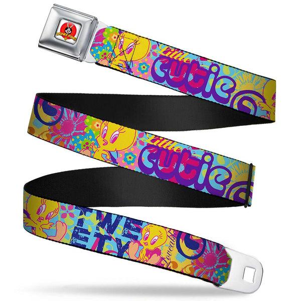 buckle down Looney Tunes Logo Full Color White Seatbelt Belt - Tweety Bird Poses LITTLE CUTIE-LOVEABLE Blue/Multi Color Webbing