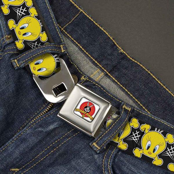 Buckle Down Looney Tunes Logo Full Color White Seatbelt Belt - Tweety Bird & Crossbones Black/White/Yellow Webbing
