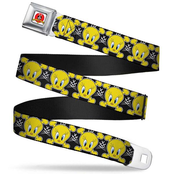 buckle down Looney Tunes Logo Full Color White Seatbelt Belt - Tweety Bird & Crossbones Black/White/Yellow Webbing