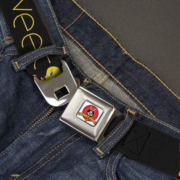 Buckle Down Looney Tunes Logo Full Color White Seatbelt Belt - Tweety Bird Poses CUTE AND SWEET Black/Yellow Webbing
