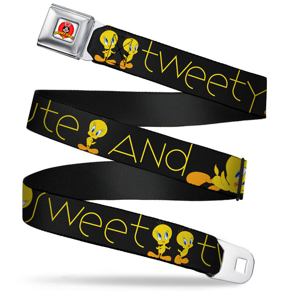 buckle down Looney Tunes Logo Full Color White Seatbelt Belt - Tweety Bird Poses CUTE AND SWEET Black/Yellow Webbing