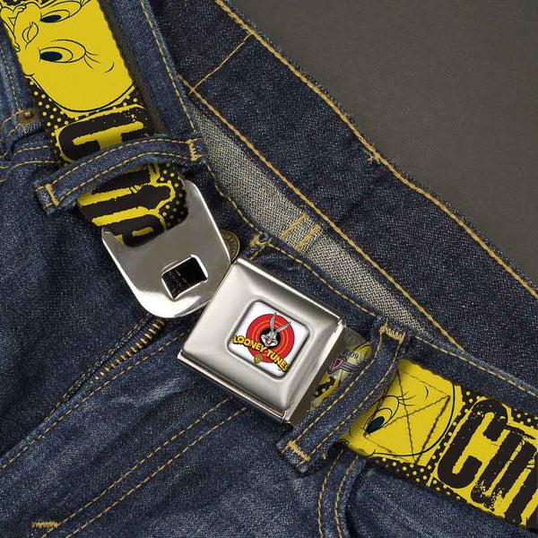 Buckle Down Looney Tunes Logo Full Color White Seatbelt Belt - Tweety Bird Poses CUTE LITTLE YELLOW BIRD Yellow/Black Webbing