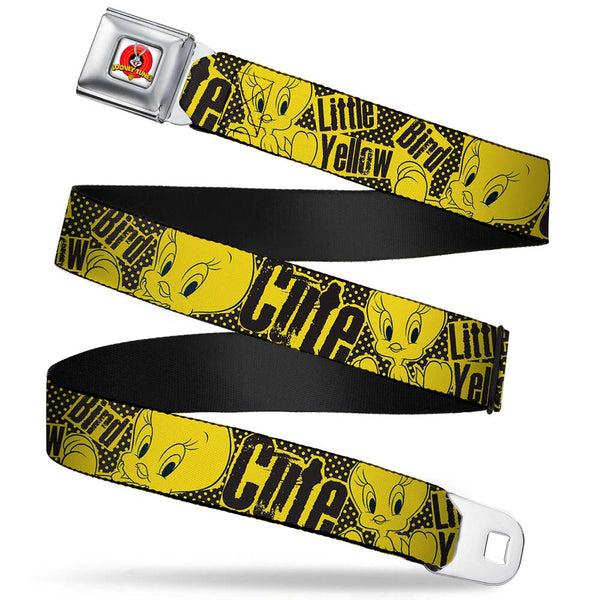 buckle down Looney Tunes Logo Full Color White Seatbelt Belt - Tweety Bird Poses CUTE LITTLE YELLOW BIRD Yellow/Black Webbing