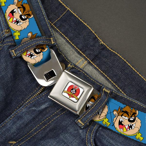 Buckle Down Looney Tunes Logo Full Color White Seatbelt Belt - Tasmanian Devil Hip Hop Expression Blue Webbing
