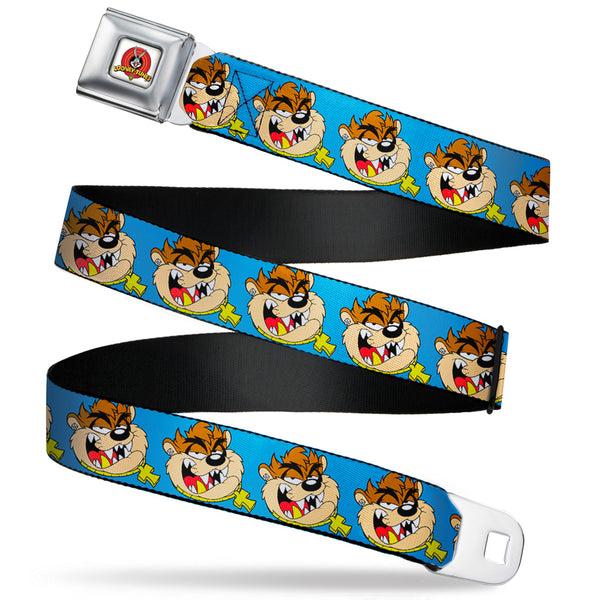 buckle down Looney Tunes Logo Full Color White Seatbelt Belt - Tasmanian Devil Hip Hop Expression Blue Webbing