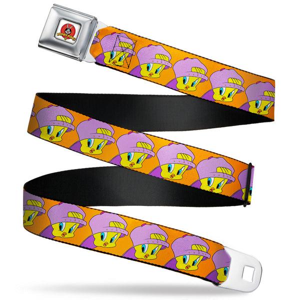 buckle down Looney Tunes Logo Full Color White Seatbelt Belt - Tweety Bird Hip Hop Expression Orange Webbing