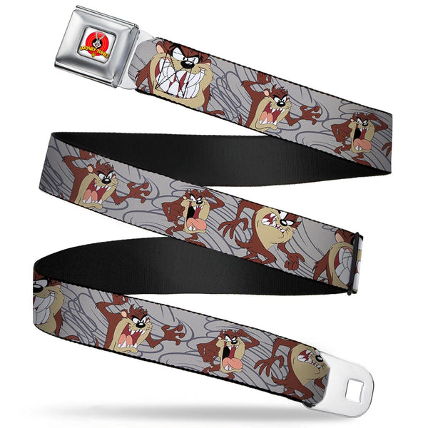 buckle down Looney Tunes Logo Full Color White Seatbelt Belt - Tasmanian Devil Expressions Gray Swirl Webbing