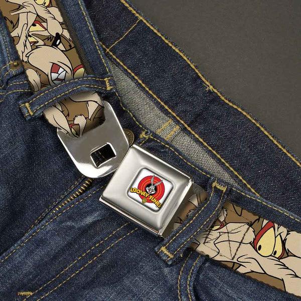 Buckle Down Looney Tunes Logo Full Color White Seatbelt Belt - Wile E. Coyote Expressions Stacked Webbing