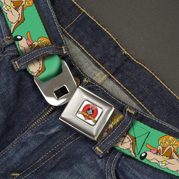 Buckle Down Looney Tunes Logo Full Color White Seatbelt Belt - Wile E. Coyote Hip Hop Expression Green Webbing