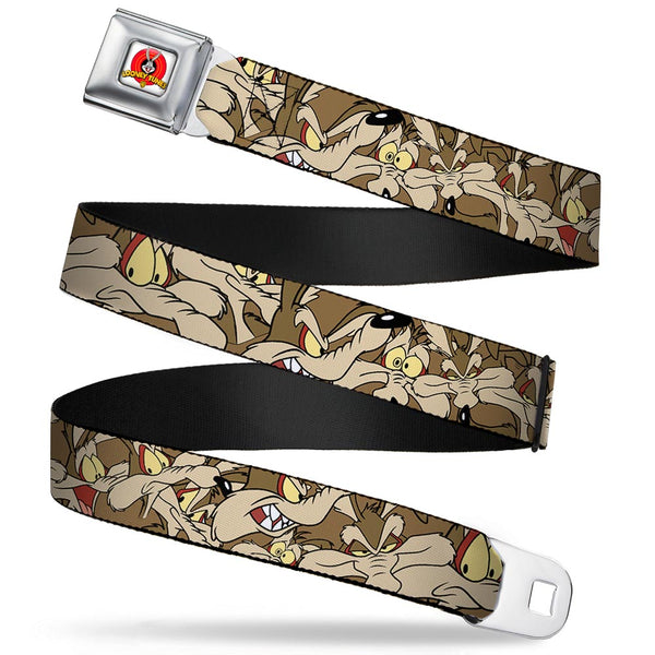 buckle down Looney Tunes Logo Full Color White Seatbelt Belt - Wile E. Coyote Expressions Stacked Webbing