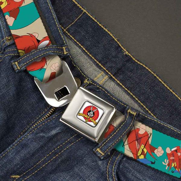 Buckle Down Looney Tunes Logo Full Color White Seatbelt Belt - Yosemite Sam Poses Turquoise Webbing