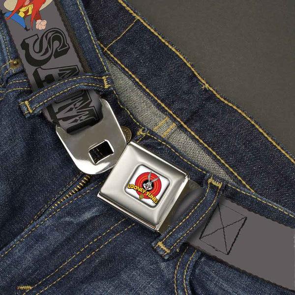Buckle Down Looney Tunes Logo Full Color White Seatbelt Belt - YOSEMITE SAM W/Poses Gray Webbing