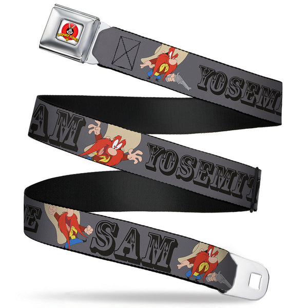 buckle down Looney Tunes Logo Full Color White Seatbelt Belt - YOSEMITE SAM w/Poses Gray Webbing