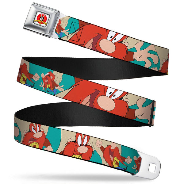 buckle down Looney Tunes Logo Full Color White Seatbelt Belt - Yosemite Sam Poses Turquoise Webbing