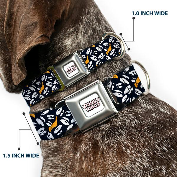 Buckle Down LOONEY TUNES Text Title Logo Full Color White Seatbelt Buckle Collar - Daffy Duck Expression And Eyes Scattered Black/White