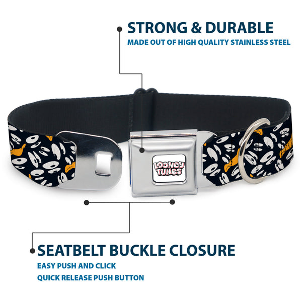 Buckle Down LOONEY TUNES Text Title Logo Full Color White Seatbelt Buckle Collar - Daffy Duck Expression And Eyes Scattered Black/White