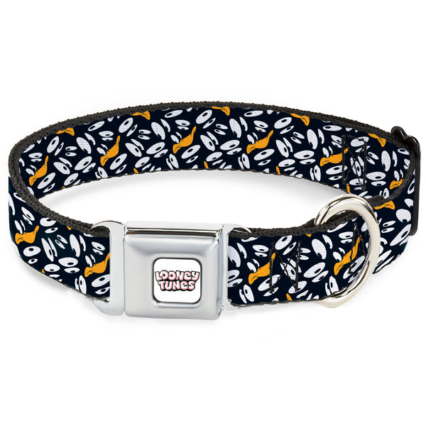 buckle down LOONEY TUNES Text Title Logo Full Color White Seatbelt Buckle Collar - Daffy Duck Expression and Eyes Scattered Black/White