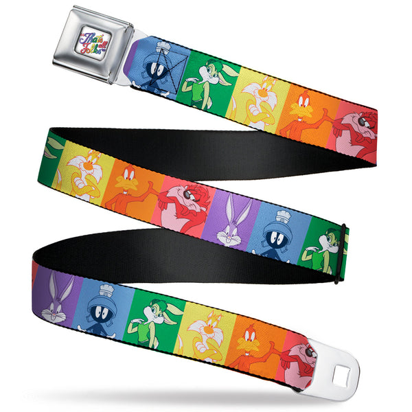 buckle down Looney Tunes THAT'S ALL FOLKS Script Full Color White/Multi Color Seatbelt Belt - Looney Tunes 6-Character Pose Pride Blocks Multi Color Webbing