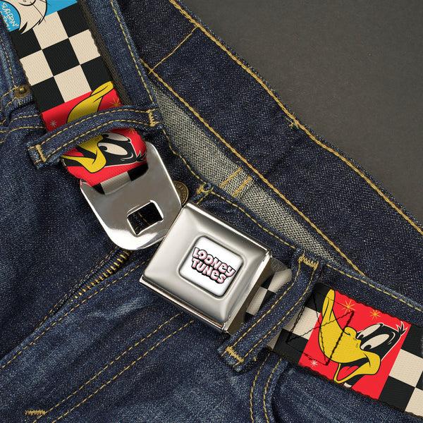 Buckle Down LOONEY TUNES Title Text Logo Full Color White/Black/Red Seatbelt Belt - Looney Tunes Checker Pose Blocks Black/White/Multi Color Webbing