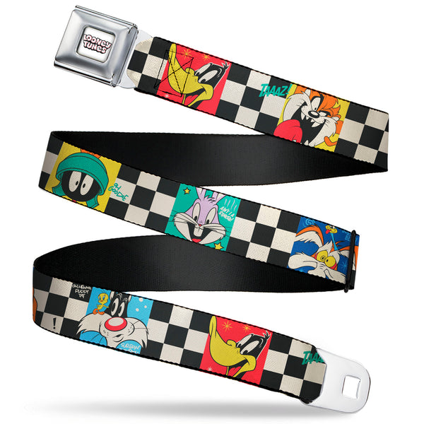 buckle down LOONEY TUNES Title Text Logo Full Color White/Black/Red Seatbelt Belt - Looney Tunes Checker Pose Blocks Black/White/Multi Color Webbing