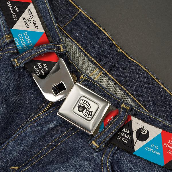 Buckle Down MAGIC 8 BALL Logo Full Color White/Black Seatbelt Belt - Magic 8 Ball Answer Triangles Black/Red/Blue/White Webbing