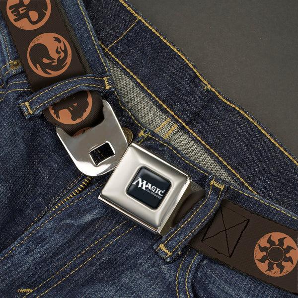 Buckle Down MAGIC THE GATHERING Title Logo Full Color Black/White Seatbelt Belt - Magic The Gathering Five Mana Icon Symbols Brown/Orange Webbing