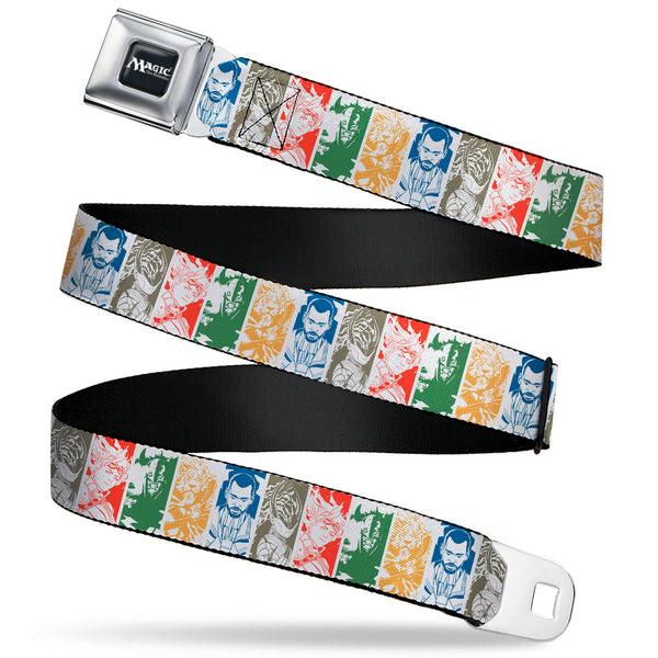 buckle down MAGIC THE GATHERING Title Logo Full Color Black/White Seatbelt Belt - Magic the Gathering Five Planeswalkers Pose Blocks White/Multi Color Webbing