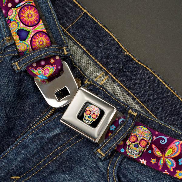 Buckle Down Mariposa Calavera Full Color Black/Multi Color Seatbelt Belt - Mariposa Calaveras/Butterflies/Flowers Burgundy/Multi Color Webbing