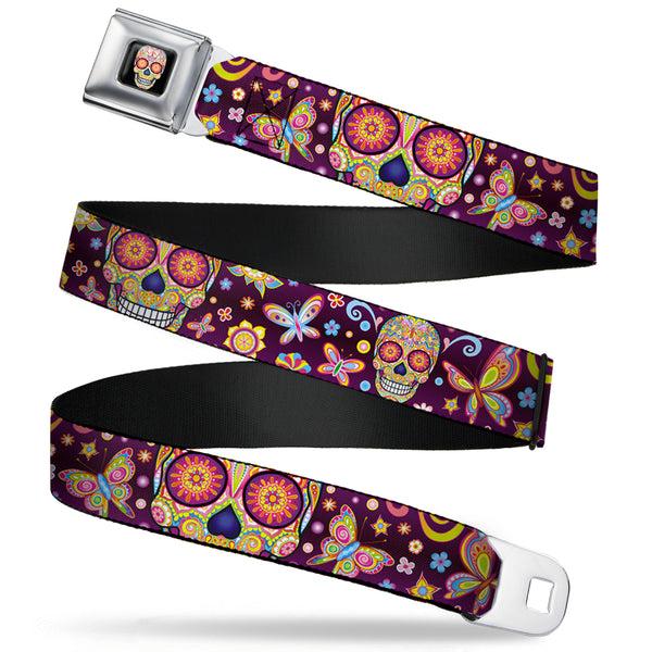buckle down Mariposa Calavera Full Color Black/Multi Color Seatbelt Belt - Mariposa Calaveras/Butterflies/Flowers Burgundy/Multi Color Webbing