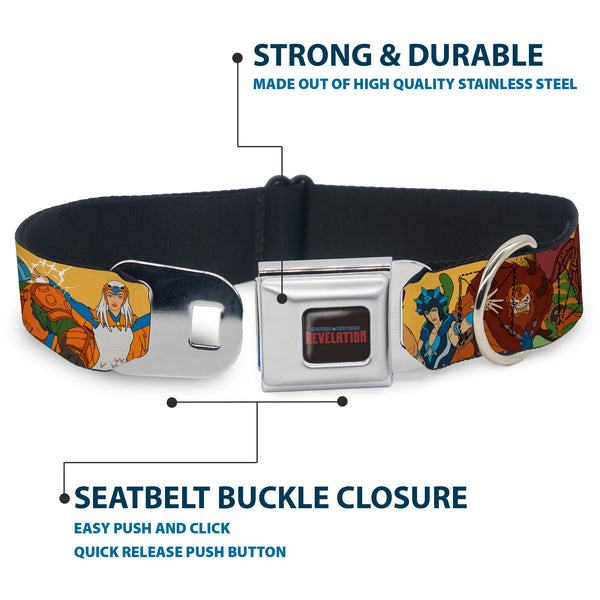Buckle Down MASTERS OF THE UNIVERSE REVELATION Title Logo Full Color Black Seatbelt Buckle Collar - MOTU Revelation Eight Character Group Pose Yellow