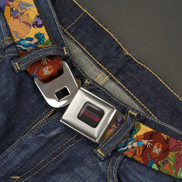Buckle Down MASTERS OF THE UNIVERSE REVELATION Title Logo Full Color Black Seatbelt Belt - MOTU Revelation Eight Character Group Pose Yellow Webbing