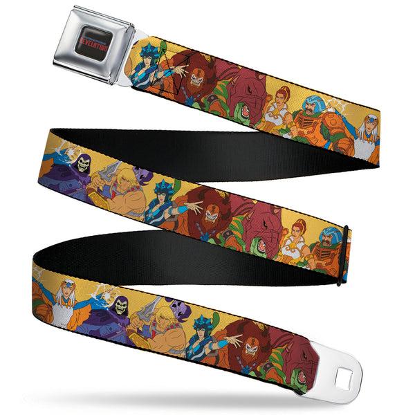 buckle down MASTERS OF THE UNIVERSE REVELATION Title Logo Full Color Black Seatbelt Belt - MOTU Revelation Eight Character Group Pose Yellow Webbing