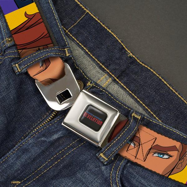 Buckle Down MASTERS OF THE UNIVERSE REVELATION Title Logo Full Color Black Seatbelt Belt - Masters Of The Universe Revelation Character Close-Up Blocks Webbing