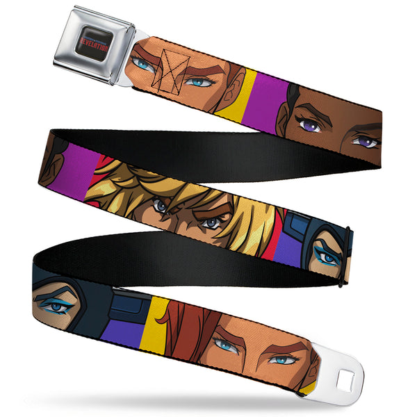 buckle down MASTERS OF THE UNIVERSE REVELATION Title Logo Full Color Black Seatbelt Belt - Masters of the Universe Revelation Character Close-Up Blocks Webbing