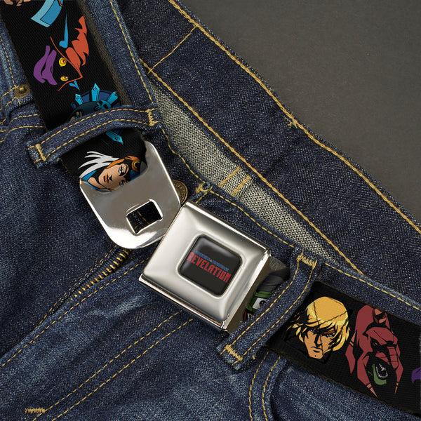 Buckle Down MASTERS OF THE UNIVERSE REVELATION Title Logo Full Color Black Seatbelt Belt - Masters Of The Universe Eleven Character Faces Black Webbing
