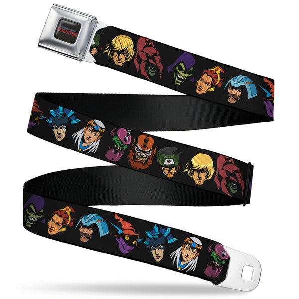 buckle down MASTERS OF THE UNIVERSE REVELATION Title Logo Full Color Black Seatbelt Belt - Masters of the Universe Eleven Character Faces Black Webbing