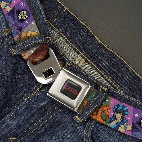 Buckle Down MASTERS OF THE UNIVERSE REVELATION Title Logo Full Color Black Seatbelt Belt - Masters Of The Universe Character Block Stripe Poses Multi Color Webbing