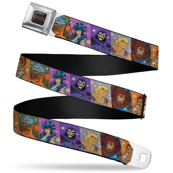 buckle down MASTERS OF THE UNIVERSE REVELATION Title Logo Full Color Black Seatbelt Belt - Masters of the Universe Character Block Stripe Poses Multi Color Webbing