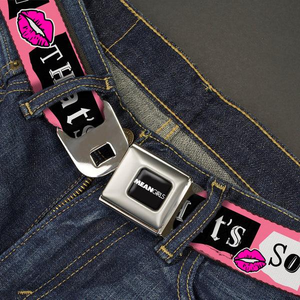 Buckle Down MEAN GIRLS Title Logo Full Color Black/White Seatbelt Belt - Mean Girls THAT'S SO FETCH Collage Pink/Black/White Webbing