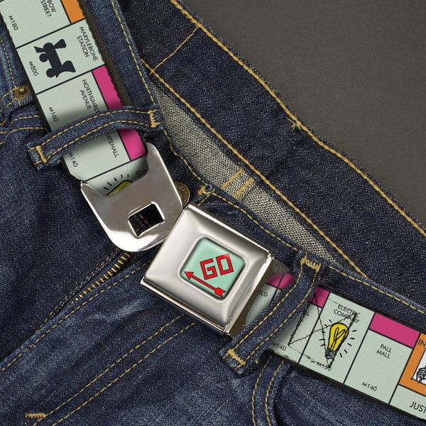 Buckle Down Monopoly GO Space Full Color Seatbelt Belt - Monopoly British UK Game Board Space Blocks Webbing