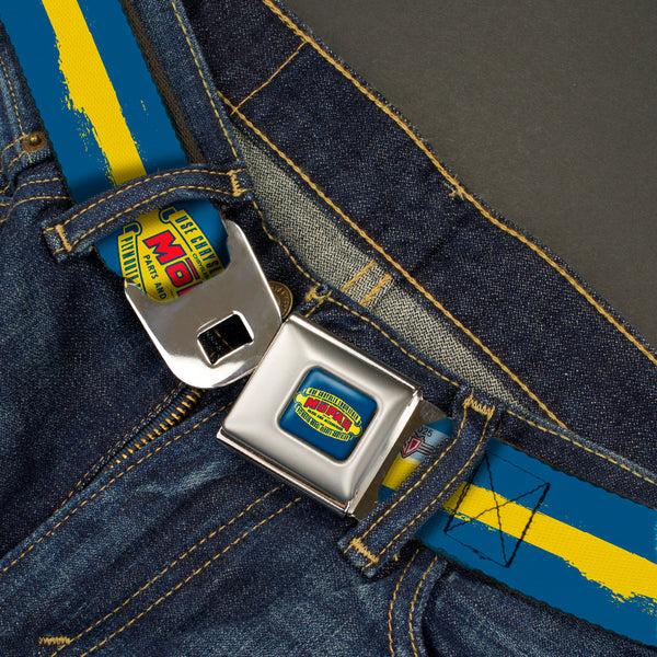 Buckle Down MOPAR 1937-1947 Logo Full Color Blue Yellow Red Seatbelt Belt - MOPAR 1937-1947 Logo-USE CHRYSLER ENGINEERED MOPAR PARTS AND ACCESSORIES/Paint Stripe Blue/Yellow/Red Webbing