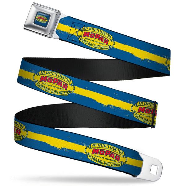 buckle down MOPAR 1937-1947 Logo Full Color Blue Yellow Red Seatbelt Belt - MOPAR 1937-1947 Logo-USE CHRYSLER ENGINEERED MOPAR PARTS AND ACCESSORIES/Paint Stripe Blue/Yellow/Red Webbing