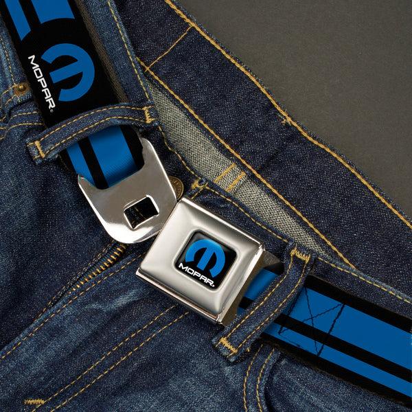 Buckle Down MOPAR Logo Full Color Black Blue White Seatbelt Belt - MOPAR Logo/Stripe Black/Blue Webbing