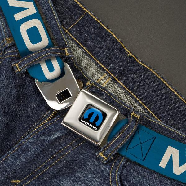 Buckle Down MOPAR Logo Full Color Black/Blue/White Seatbelt Belt - MOPAR Text Blue/White Webbing