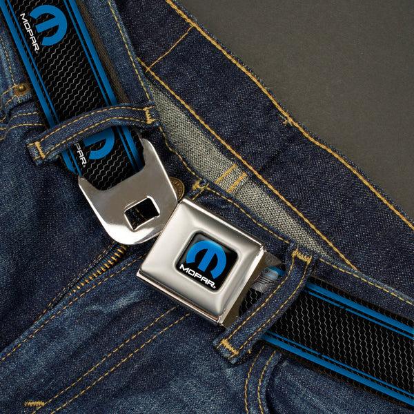 Buckle Down MOPAR Logo Full Color Black Blue White Seatbelt Belt - MOPAR Logo/Stripe/Grill Black/Grays/Blues Webbing
