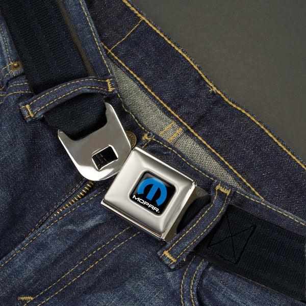 Buckle Down MOPAR Logo Full Color Black/Blue/White Seatbelt Belt - Black Panel Webbing