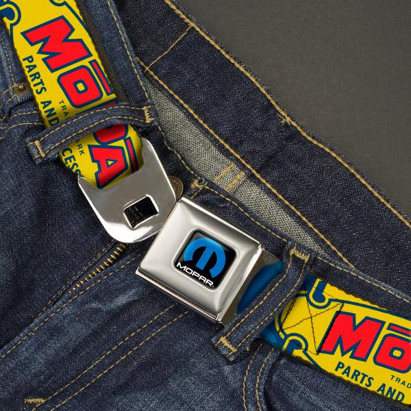 Buckle Down MOPAR Logo Full Color Black/Blue/White Seatbelt Belt - MOPAR 1937-1947 Logo-USE CHRYSLER ENGINEERED MOPAR PARTS AND ACCESSORIES Blue/Yellow/Red Webbing