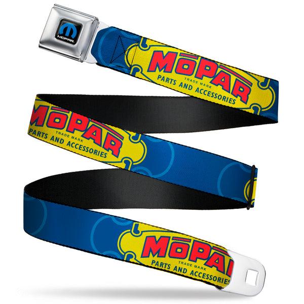 buckle down MOPAR Logo Full Color Black/Blue/White Seatbelt Belt - MOPAR 1937-1947 Logo-USE CHRYSLER ENGINEERED MOPAR PARTS AND ACCESSORIES Blue/Yellow/Red Webbing