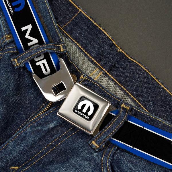 Buckle Down MOPAR Logo Full Color Black White Seatbelt Belt - MOPAR Text/Logo/Stripe Blue/White/Black Webbing