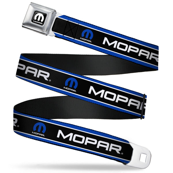 buckle down MOPAR Logo Full Color Black White Seatbelt Belt - MOPAR Text/Logo/Stripe Blue/White/Black Webbing
